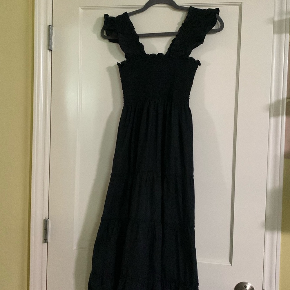 Quince Black Smocked Midi Dress with Ruffle Straps
